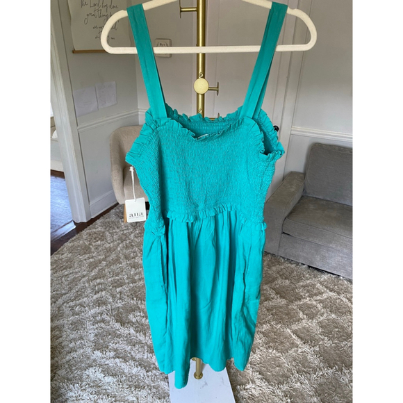A.N.A. Teal Smocked Midi Dress 100% Cotton Ruffle Cottagecore Feminine Coastal - Picture 3 of 7